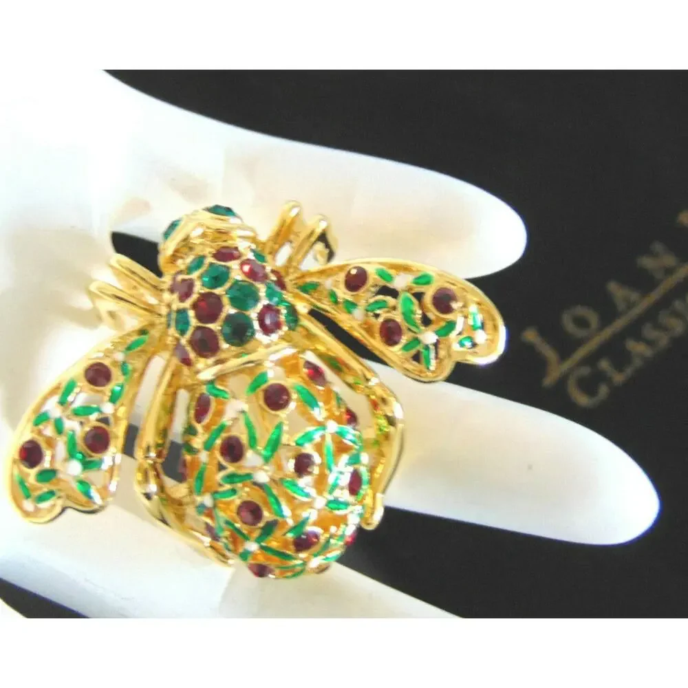 Joan Rivers Bee Brooch Pin Holly Jolly Holiday Christmas Crystal Green Red Vtg